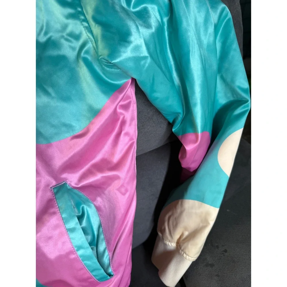 Roku Studio Eat The Rich Satin Varsity Jacket Pink Teal Colorblock Mens Medium
